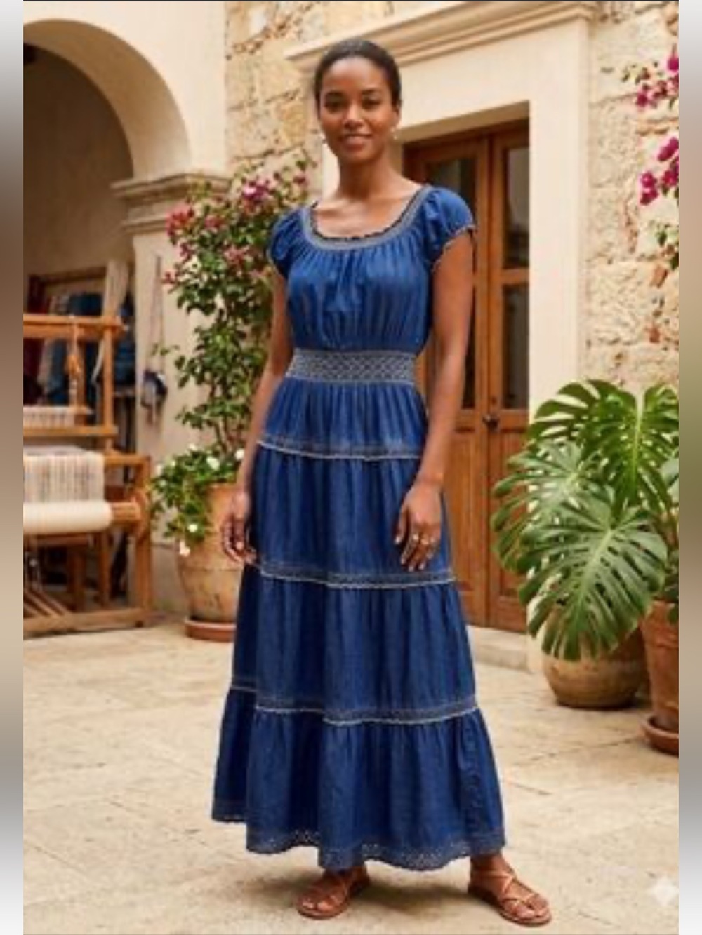 Indigo & Lace Womens Tiered Denim Maxi Dress Size 2X Blue Lightweight Distressed